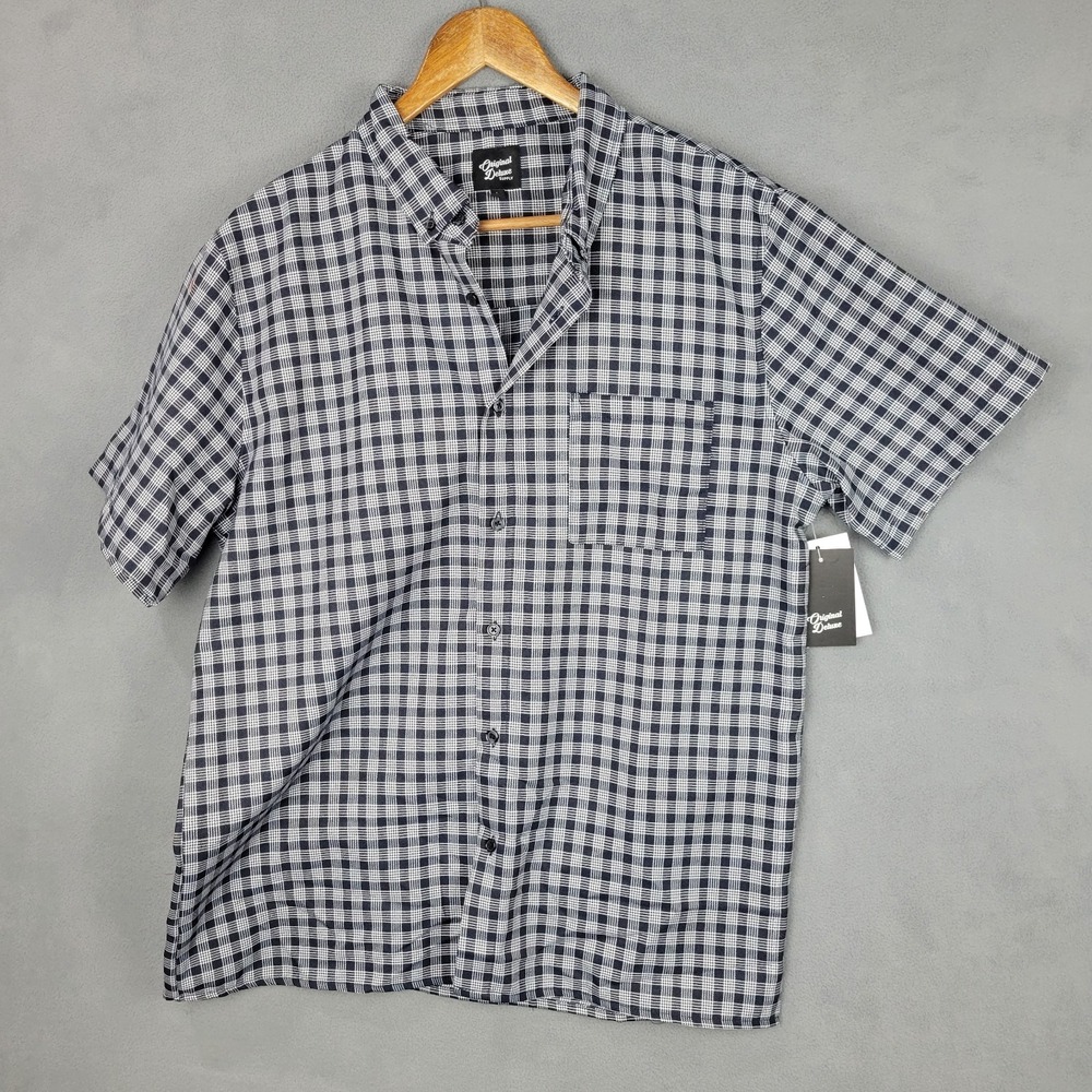 Original Deluxe Shirt Mens L Black White‎ Plaid Cotton Short Sleeve Button Down